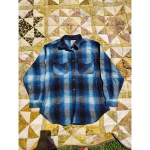 At Last & Co Shirt Mens Medium Blue Plaid Lana Wool Blend Flannel Button Up Vtg‎